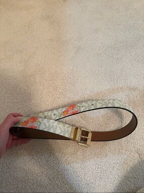 Michael Kors White Floral Logo Belt with Gold Buckle